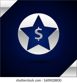Silver Star and dollar icon isolated on dark blue background. Favorite, best rating, award symbol.  Vector Illustration