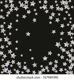 Silver star falling Pattern. Astral Design. Chaotic Decor. Modern Creative Starlight Style. Black background. Vector illustration for celebration, party, holiday, invitation