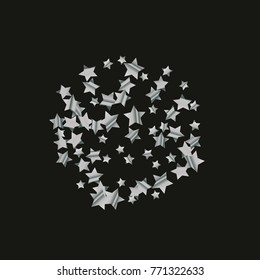 Silver star falling Pattern. Astral Design. Chaotic Decor. Modern Creative Starlight Style. Black background. Vector illustration for celebration, party, holiday, invitation