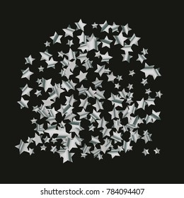 Silver star falling Pattern. Astral Design. Chaotic Decor. Modern Creative Starlight Style. Black background. Vector illustration for celebration, party, holiday, invitation