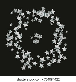 Silver star falling Pattern. Astral Design. Chaotic Decor. Modern Creative Starlight Style. Black background. Vector illustration for celebration, party, holiday, invitation
