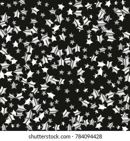 Silver star falling Pattern. Astral Design. Chaotic Decor. Modern Creative Starlight Style. Black background. Vector illustration for celebration, party, holiday, invitation