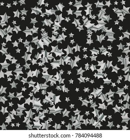Silver star falling Pattern. Astral Design. Chaotic Decor. Modern Creative Starlight Style. Black background. Vector illustration for celebration, party, holiday, invitation