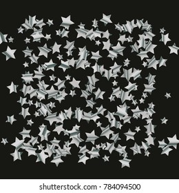 Silver star falling Pattern. Astral Design. Chaotic Decor. Modern Creative Starlight Style. Black background. Vector illustration for celebration, party, holiday, invitation