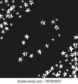 Silver star falling Pattern. Astral Design. Chaotic Decor. Modern Creative Starlight Style. Black background. Vector illustration for celebration, party, holiday, invitation