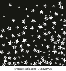 Silver star falling Pattern. Astral Design. Chaotic Decor. Modern Creative Starlight Style. Black background. Vector illustration for celebration, party, holiday, invitation