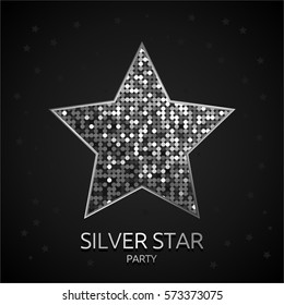 Silver Star. Flyer. Invitation to a party. Black and silver design. Vector illustrations.