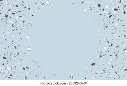 Silver Star Flying Vector Blue Background. Abstract Confetti Poster. Ribbon Shiny Invitation. Silver Celebrate Branch.