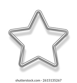 Silver star frame on white background. Chrome tube star frame with shadow. Platinum button with blank space. Realistic vector illustration.