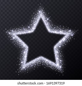 Silver star frame with sparkles and flares, abstract luminous particles, white stardust light effect isolated on a dark background. Christmas glares and sparks. Luxury backdrop. Vector illustrat