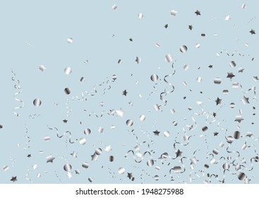 Silver Star Fun Vector Blue Background. Happy Streamer Illustration. Spiral Anniversary Branch. Silver Celebrate Design.