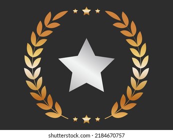Silver Star With Golden Laurel Wreath On Black Background.