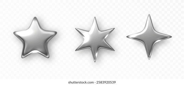 Silver star isolated. Christmas stars of various shapes. Realistic 3d metallic silver design element