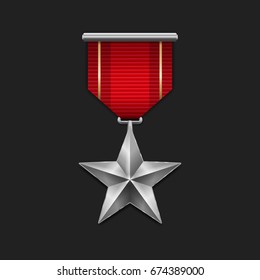 Silver Star Medal With Red Ribbon. Metallic Winner Award. Vector Illustration.