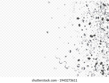 Silver Star Party Vector Transparent Background. Flying Spiral Illustration. Serpentine Christmas Invitation. Silver Celebrate Design.