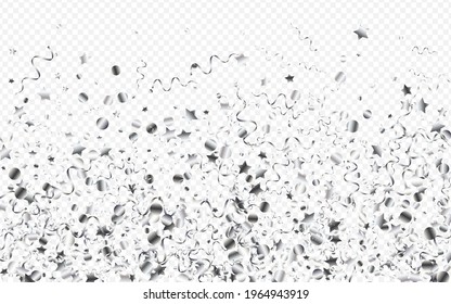 Silver Star Party Vector Transparent Background. Falling Serpentine Design. Confetti Shiny Plant. Silver Happy Template.