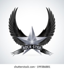 Silver star with Rock Star banner and black wings. Illustration on white background