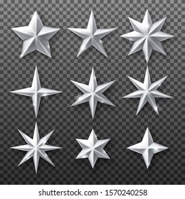 Silver star set isolated on transparent background. Vector realistic Christmas decoration white stars