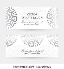 Silver star shape motif. Elegant horizontal flayers with ornaments on the white background. Vector design with decoration elements and copy space for wedding invitation, anniversary banners and other.