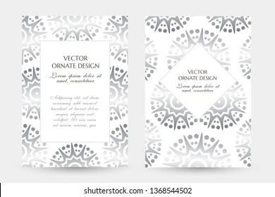 Silver star shape motif. Stylish vertical posters with ornamental frames on the white background. Vector design with decoration elements and copy space for wedding invitation, anniversary cards 