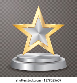 silver star witg golden stroke on silver podium, vector editable illustration