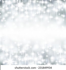 Silver starry christmas background. Bright bokeh. Vector illustration.