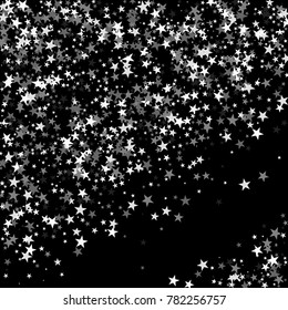 Silver Stars Background. Bright Silver Stars on a Black Background. Modern Fashionable Background. Silver Stars Background for Wrapping Paper, Postcards, Banners, Prints. Abstraction with Stars.