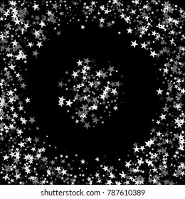 Silver Stars Background. Bright Silver Stars on a Black Background. Modern Fashionable Background. Silver Stars Background for Wrapping Paper, Postcards, Banners, Prints. Abstraction with Stars.