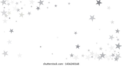 silver stars background, sparkling christmas lights confetti falling isolated on white. magic shining Flying stars glitter cosmic backdrop, sparkle vector border. 