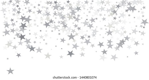 silver stars background, sparkling christmas lights confetti falling isolated on white. magic shining Flying stars glitter cosmic backdrop, sparkle vector border. 