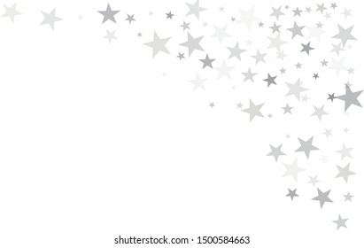 silver stars background, sparkling christmas lights confetti falling isolated on white. magic shining Flying stars glitter cosmic backdrop, sparkle vector border. 