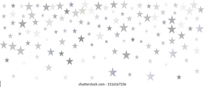 silver stars background, sparkling christmas lights confetti falling isolated on white. magic shining Flying stars glitter cosmic backdrop, sparkle vector.