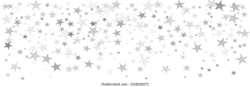 silver stars background, sparkling christmas lights confetti falling isolated on white. magic shining Flying stars glitter cosmic backdrop, sparkle vector border. 