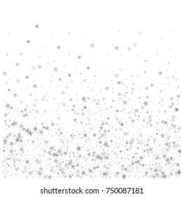 silver stars background, sparkling christmas lights confetti falling isolated on white. magic shining Flying stars glitter cosmic backdrop, sparkle vector border. 