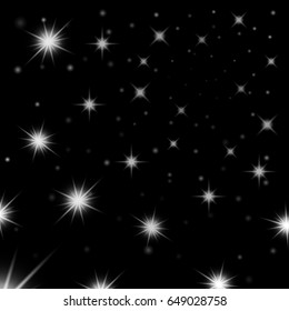 Silver stars black night sky background. Abstract bokeh glowing space design. Starry milky way. Galaxy white starlight shine sparkle. Golden shiny fantasy glow in dark Vector illustration