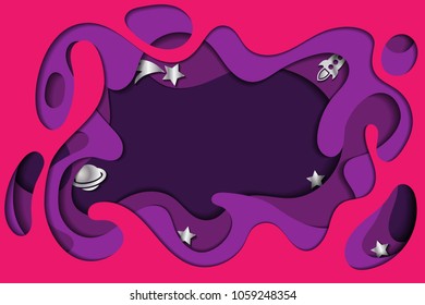 Silver stars, comet, planet flying through the open space. 3d abstract paper cut wave background in carving art style. Colorful cosmic background for party flyer, poster, banner. Vector illustration.
