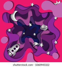 Silver stars, comet, planet flying through the open space. 3d abstract paper cut wave background in carving art style. Colorful cosmic background for party flyer, poster, banner. Vector illustration.