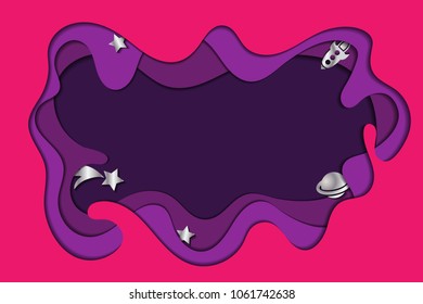 Silver stars, comet, planet flying through the open space. 3d abstract paper cut wave background in carving art style. Colorful cosmic background for party flyer, poster, banner. Vector illustration.