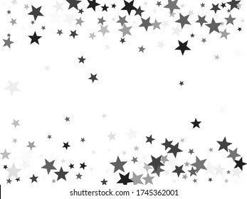 Silver stars confetti adorable birthday vector background. Small glare star sparkles magical illustration. Black abstract party decoration elements on white.