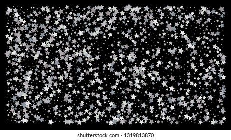 Silver stars. Confetti celebration on black background. Falling silver abstract decoration for party, birthday celebrate, anniversary or event, festive. Festival decor. Vector illustration