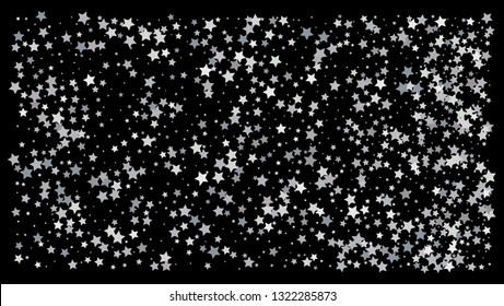 Silver stars. Confetti celebration on black background. Falling silver abstract decoration for party, birthday celebrate, anniversary or event, festive. Festival decor. Vector illustration