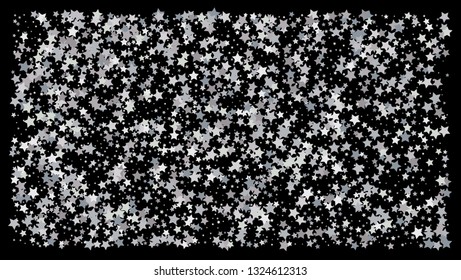 Silver stars. Confetti celebration on black background. Falling silver abstract decoration for party, birthday celebrate, anniversary or event, festive. Festival decor. Vector illustration