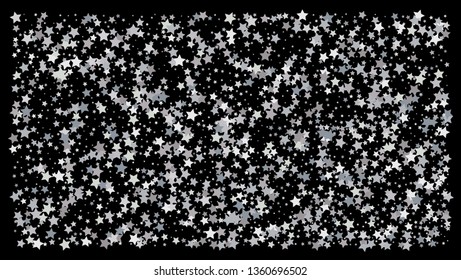 Silver stars. Confetti celebration on black background. Falling silver abstract decoration for party, birthday celebrate, anniversary or event, festive. Festival decor. Vector illustration