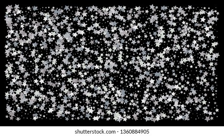 Silver stars. Confetti celebration on black background. Falling silver abstract decoration for party, birthday celebrate, anniversary or event, festive. Festival decor. Vector illustration