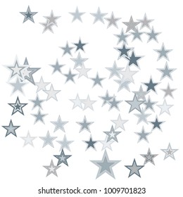 Silver stars confetti. Falling stars, glitter, dust and sparkles. Vector illustration. Silver explosion of confetti. Shiny abstract glowing design.