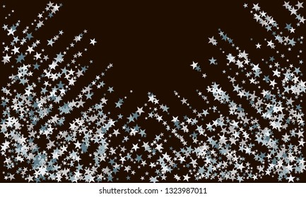 Silver stars confetti. Falling stars, glitter, dust and sparkles. Vector illustration. Silver explosion of confetti. Shiny abstract glowing design.