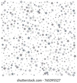 Silver stars confetti flying down over white background. Isolated.