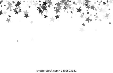 Silver stars confetti pretty holiday vector background. Twinkle lucent star sparkles magical illustration. Black abstract party decoration elements on white.