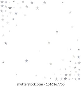 silver stars corner background, sparkling christmas lights confetti falling isolated on white. magic shining Flying stars glitter cosmic backdrop, sparkle vector.