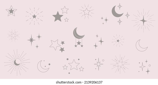 Silver stars and crescents. Shine sparkle icon. Vector stars and moons for logo.